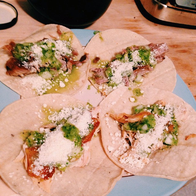 Carnitas, pollo asado, and homemade tomatillo salsa.