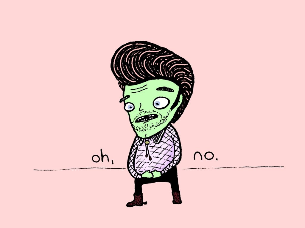 a fella holding his belly looking a bit green. will he puke? we don't know.