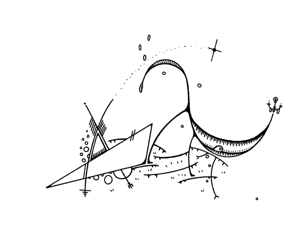 an abstract black and white drawing with a lot of lines, circles, and swooping motions. made there is a star or something too, its hard to say.