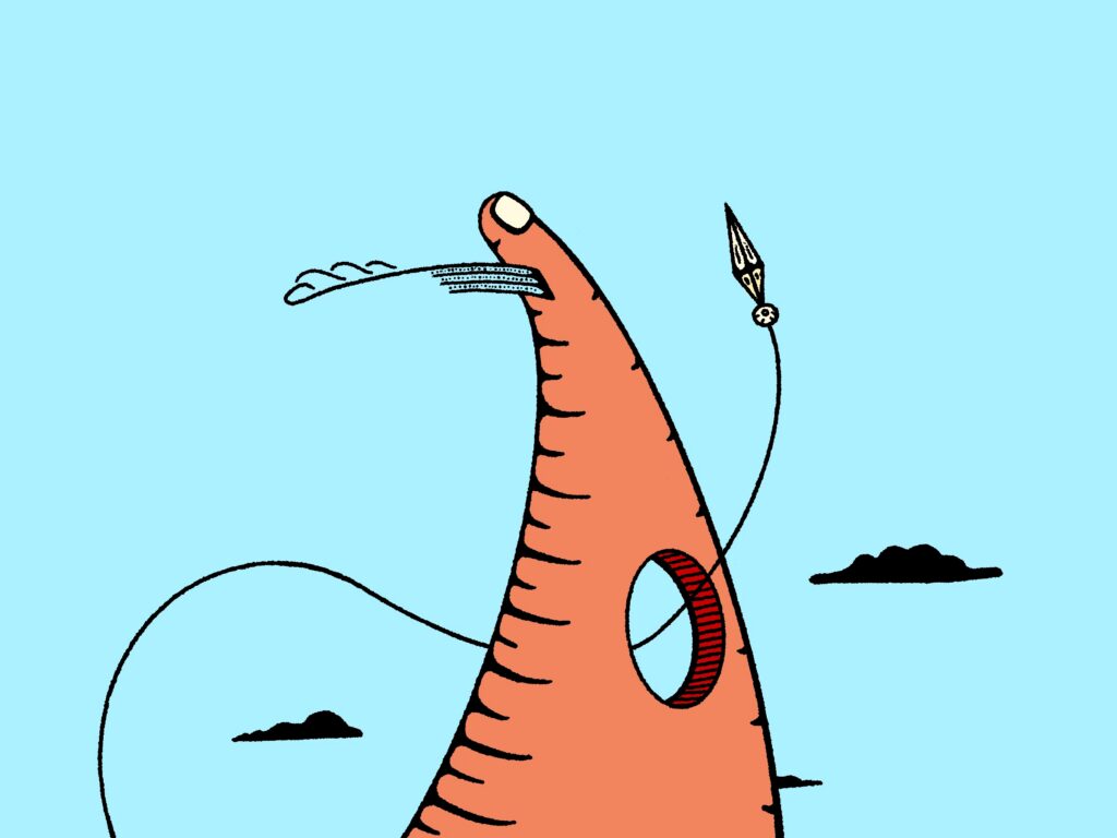 a towering red structure resembling a finger with a hole in it stands in a light blue sky with black clouds. a dagger with a flowing string threads itself through the red object.