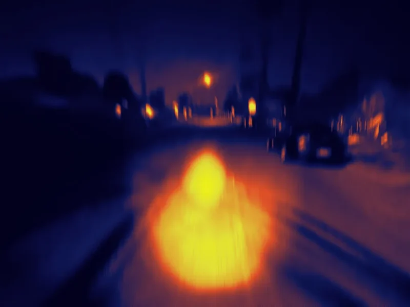 a processed photo of a light beam from a bike at night in the middle of a street. the photo loses all details to make way for the details in the light.
