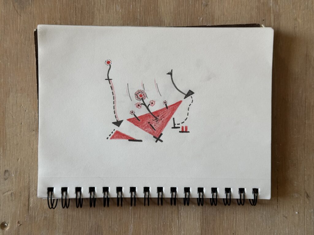 an abstract red and black pencil drawing of some triangles and what appears to be flowers growing on one of the large red triangles.